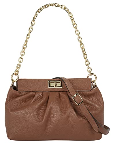 Cluty Umhängetasche Echt Leder Damen Made in Italy | Elegante 2in1 Clutch | Wandelbare Handtasche mit Schulterriemen cognac 021410