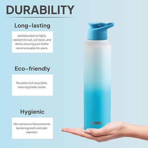 Image of CELLO Aqua Pro Max Stainless Steel Water Bottle 1000 ml White & Blue | ISI Certified Single Wall Rust & Leakproof Fridge Safe Stylish Easy Grip Colorful Steel Water Bottle For Office & Daily Use