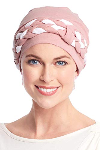 Double Braid Turban Set - All Cotton 2 pc Chemo Cancer Turbans for Women Double Braid - Pink Blush/White