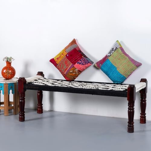 Image of Wooden Bench for Seating | Handcrafted Sheesham Wood Bench for Living Room, Balcony & Garden | Traditional Patio for Outdoor with Cotton Handwoven Rope | Black and White