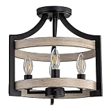 4 Lights Farmhouse Chandelier Convetible Semi Flush Mount Ceiling Light, Black Metal + White Brich F