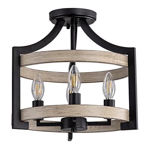 4 Lights Farmhouse Chandelier Convetible Semi Flush Mount Ceiling Light, Black Metal + White Brich Finish Light Fixture For Kitchen Island Dining Living Room Foyer Entryway,Height Adjustable, 14.5". #TOP5