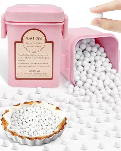 PLANTIONAL Ceramic Pie Weights, 1.5 Lb Reusable 10mm Baking Beads with Wheat Straw Container, Natural Ceramic Stoneware Baking Beans for Pie Crust Pastry (Pink)