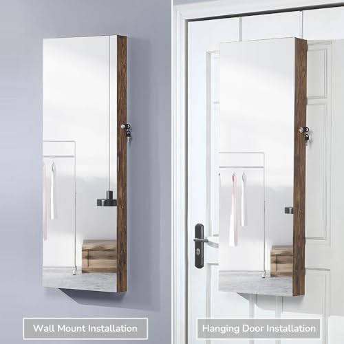 GISSAR 6 LEDs Mirror Jewelry Cabinet,Wall/Door Mounted Jewelry Armoire Organizer with Full-Length Mirror,Large Capacity Lockable Storage Hanging Cabinet, 2 Drawers,4 Shelves, Vintage Brown - Thumbnail 4