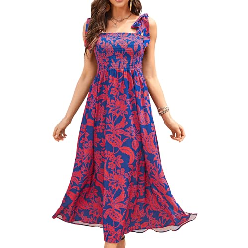 Image of BROVAVE Women Summer Floral Dress: Casual Square Neck Flowy Boho Beach Midi Sundress Sleeveless Tie Shoulder Vacation Daily