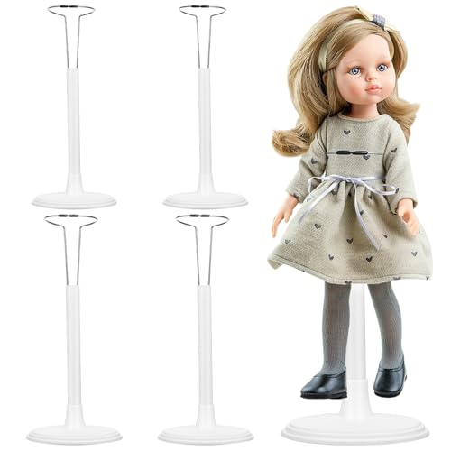 Doll Stand, 4Pcs Plastic Doll Stands for 12 to 18 inch Dolls or Action Figures, Adjustable Dolls Display Holder Up to 1.5 LBS, Waist 1.9" - 3.5" Wide, 2 Sizes（2x11” + 2x15”）