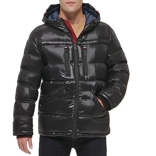 Image of Tommy Hilfiger Mens Tommy Hilfiger Men's Shiny Midweight Logo Puffer
