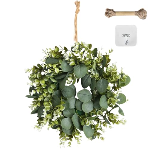 Corona de eucalipto Artificial Corona de Hojas de eucalipto Verde de 14 Pulgadas Corona de Primavera Artificial con Flores Corona Decorativa Coronas de Puerta de Primavera Colgantes realistas Coronas