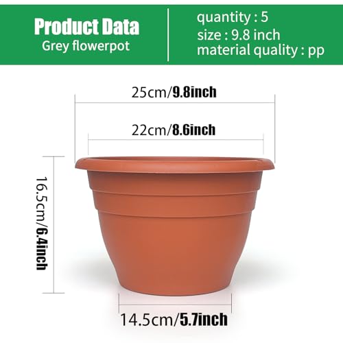 Image of RooTrimmer 5 Pack 10 Inch Plant Pots Lightweight Planters with Drainage Holes,Durable Indoor & Outdoor Flower Pots for Garden,Patio & Home Decor(Pottery Red)