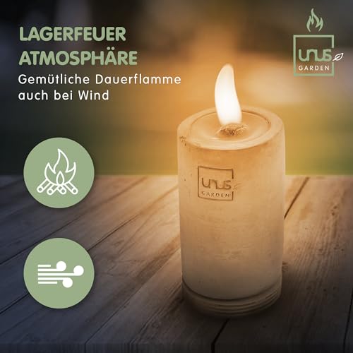 UNUS Beton- Feuer Outdoor, Set mit 2x lange Zylinder Beton Kerze, 100g Nachfüllwachs, Löschbretter und Löffel zum Nachfüllen, Tischkamin mit Dauerdocht, Tischfeuer Recycling Kerzenwachs-4