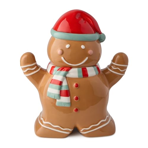 Christmas Whimsy Gingerbread 3-D Cookie Jar – Holiday Ceramic Treat Jar with Smiling Gingerbread Wearing Red Hat & Scarf – Airtight Storage for Cookies, Candies & Festive Kitchen Decor