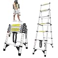 A-Frame Ladder, Aluminum Extension Telescoping Ladder, Multi-Purpose 5+6 Step with Anti-Slip, 150kg Capacity Telescopic Ladders, Free Height Adjustment for Repairing Roof, Office, Outdoor (1.7+2.0m)