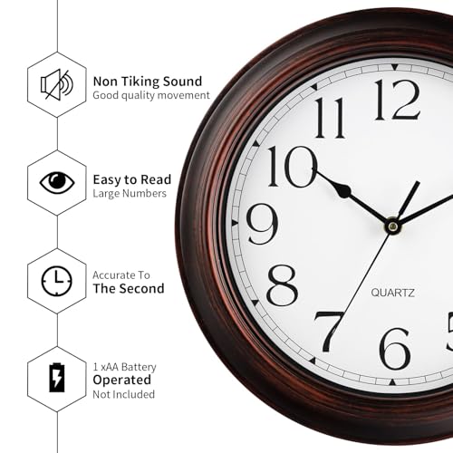12 Inch Wall Clocks Battery Operated Silent Non-Ticking Wall Clock Vintage Retro Rustic Style Decorative for Living Room Kitchen (Bronze)