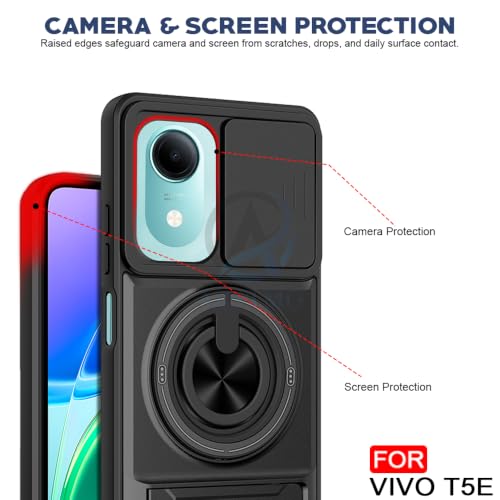 Image of AESTMO Vivo T5E Back Cover | Armor Camera Slider 360 Degree Rotating Finger Ring Holder Case with Bracket Stand Back Case Cover (Compatible with MagSafe Accessories) (Black)