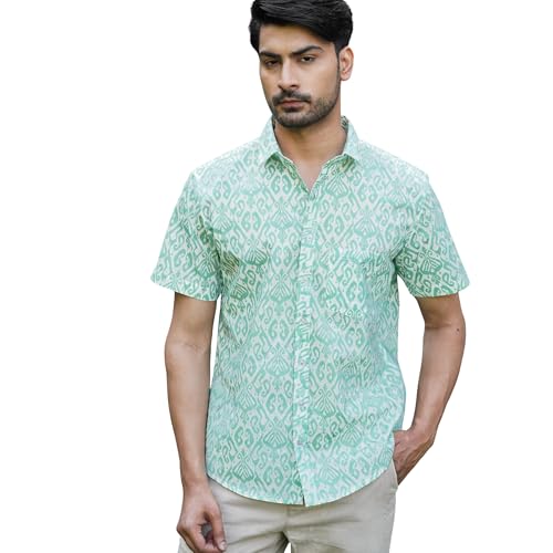 Image of Men's Green Geometric Pattern Cotton Casual Shirt