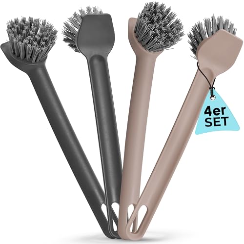 Nictario Spülbürste recycelt [4er Set] mit Nylonborsten und Schaber - spülmaschinenfeste Abwaschbürste in Premium Qualität - hygienische Küchenbürste (2 x Taupe / 2 x Anthrazit Rund)