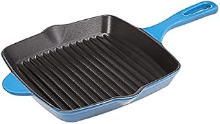AmazonCommercial Enamelled Cast Iron Square Grill Pan, 26 cm, Blue