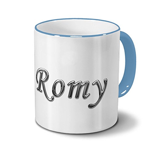 printplanet Tasse mit Namen Romy - Motiv Chrom-Schriftzug - Namenstasse, Kaffeebecher, Mug, Becher, Kaffeetasse - Farbe Hellblau