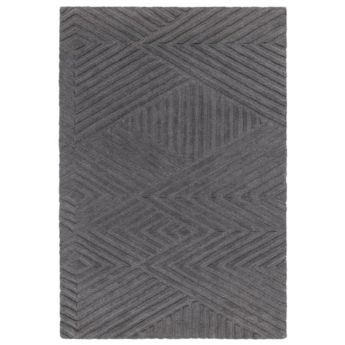 Image of Hand-Tufted Woolen Large Carpet for Living Room 7x10 feet Charcoal Grey Geometric Loop Cut Pile Anti-Skid High Pile Thick Carpet & Rugs for Bedroom & Hall