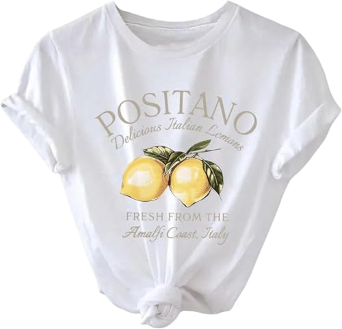 QJQ Women's Graphic Tees Lemon Fruit Print Short Sleeve Crewneck T Shirts Casual Summer Trendy Going Out Tops White and Yellow Lemon X-Large