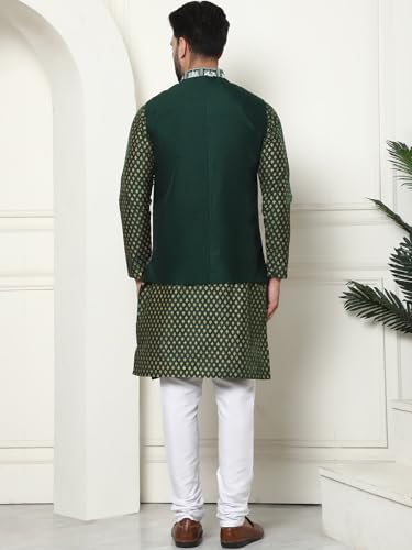 Image of SOJANYA (Since 1958 Men's Silk Blend Printed Kurta and White Pyjama with Embroidered Nehru Jacket
