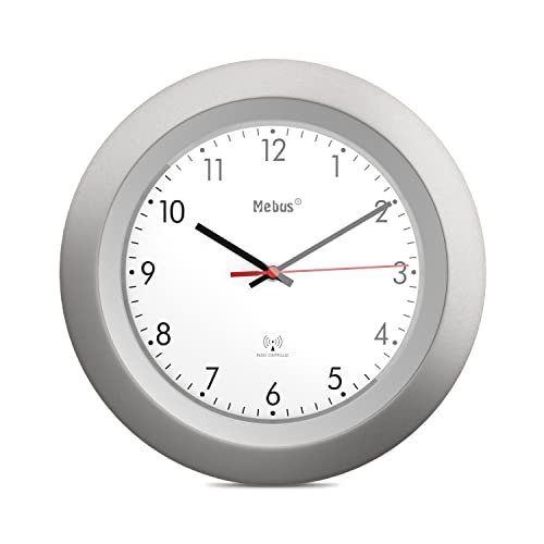 Mebus Radio Controlled Wall Clock, Classic Model, Silver Frame, White Dial, 29 cm Diameter, Round