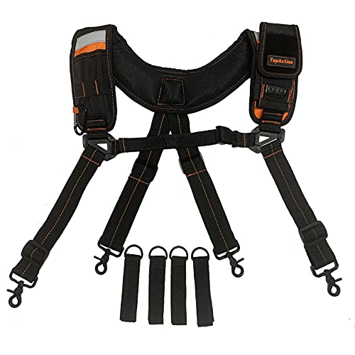 TopAction Padded Tool Belt Suspenders for Men Heavy Duty with Pockets,Work belt Suspenders Tactical with Key Chin Velcro Patch Phone Holder Tape Holder Pencil sleeves Reflective Straps for electrician
