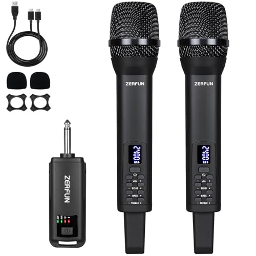 ZERFUN Dual Rechargeable Wireless Microphones, Pro Handheld Cordless Mics System with ECHO Treble BASS VOL Control for Karaoke Singing Church Party, 1/4'' Output, Black