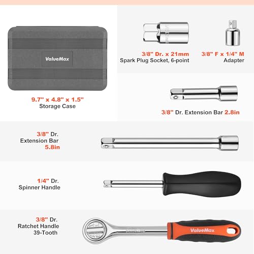 ValueMax Metric 1/4\" & 3/8\" Drive Socket Set, 21PCS 4-19mm Socket Wrench Set, Car Tool Kit with Ratchet Wrench, Extension Bars, Adapter, Spinner Handle and Storage Case, for Automotive Repair