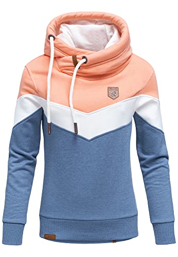 REPUBLIX Damen Kapuzenpullover Sweatjacke Pullover Hoodie Sweatshirt RD-006 Corall/Weiß/Blau Melange L