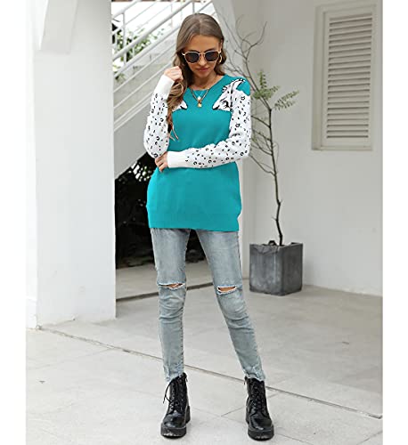 Mansy Women's Casual Long Sleeve Crew Neck Cute Animal Leopard Print Knitted Pullover Sweater Tops Blue #TOP3