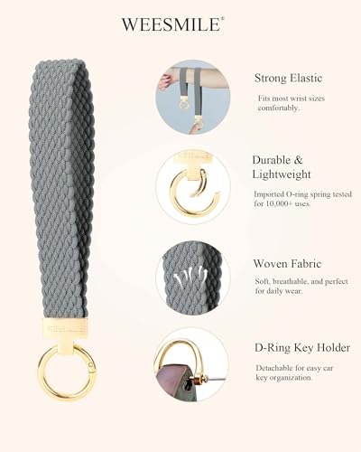 Image of WEESMILE Keychain Wristlet, Stretchy Key Chain for Car Keys with 2 Keyrings and D ring, Cute Wrist Lanyard for Women Men