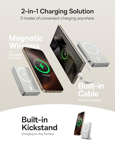 Image of Baseus Nomos Qi2 10000mAh 45W Magnetic Wireless Power Bank - Built-in USB-C Cable, PD Fast Charging, Kickstand Design - Lunar Gray