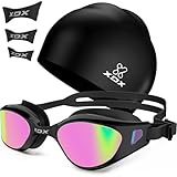 XDX Swim Goggles with Swim Cap Anti-Fog Pool Goggles with Detachable Lenses Swimming Goggles Cap Set for Youth Men Women,Bright Rose