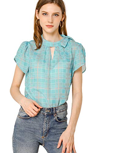 Allegra K Women s Tulip Sleeve Side Bow Tie Decor Choker Neck Summer Casual Chiffon Plaid Blouse X-Large Blue