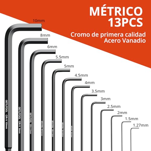 Miniatura 2 de Getlitool 13pcs Llave Allen, Juego De Llave Allens Profesional Con Punta En Bola 1,27mm-10mm,Modelos Grabado Láser Llave Hexagonal 6150 Acero Al Cromo Vanadio Para Montaje De Muebles Etc.