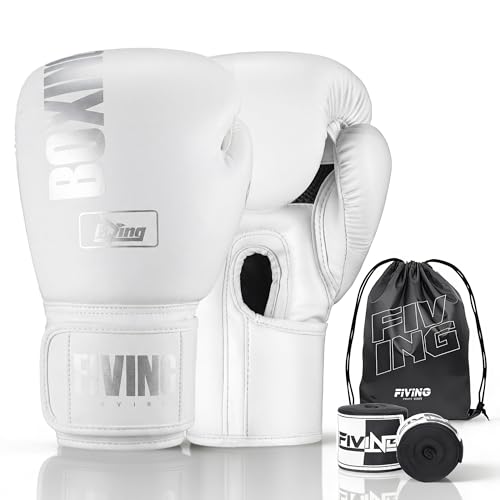 FIVING Boxing Gloves with Hand Wraps (White, 16oz)