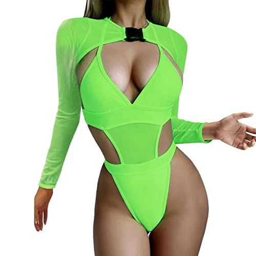 Generisch Body Damen Dessous Neon Body Crop Top Langarm Mesh mit Schnalle für Festival Club Party Nachtkleid Damen (Green, S)