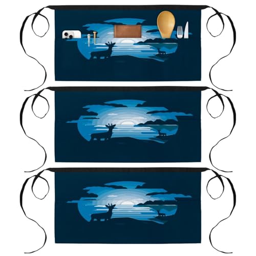 Lot de 3 tabliers courts à 3 poches multicolores pour cuisine et bistrot 60x30.5cm