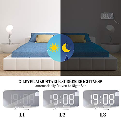 Wulawindy Digital Alarm Clock, Large Mirrored Led Display, With Usb Charger, Snooze Function Dim Mode Wall Hanging Beside Desk Clock For Bedroom (White) #TOP2