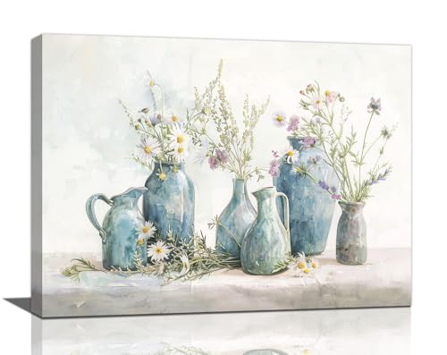 Arte floral para pared, diseño rústico de margaritas, decoración de pared, cuadros florales azules, vintage, lienzo impreso, pintura moderna para comedor, baño, sala de estar, 12 x 16 pulgadas