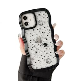 ZTOFERA for iPhone 11 Case 6.1 inch,Cute Curly Wave Frame Shape Case with Star Space Pattern, Clear Slim Shockproof Hard PC Bumper Phone Cover for iPhone 11, Black