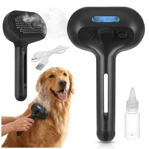 Cepillo de Vapor para Perros y Gatos, Cepillo Quitapelos para Mascotas con Pulverizador de Agua, Peine Desenredante Autolimpiable, Elimina Pelo Muerto