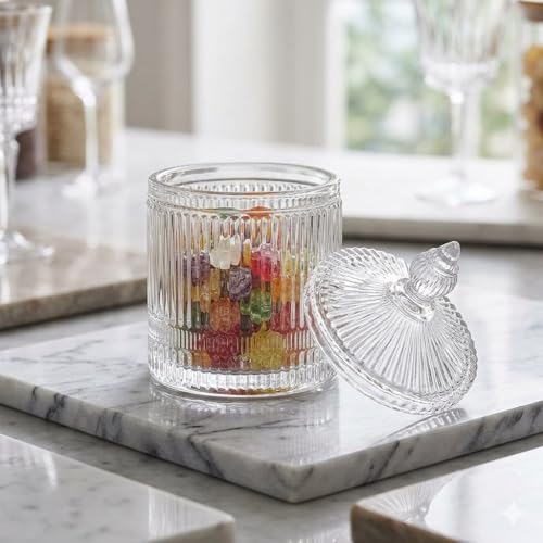 Image of bellemax Ribbed Glass Candi Jars 370 ML with Lid | Decorative Storage Jar for Candy, Cookies, Chocolates, Dry Fruits & Snacks | Airtight Glass Container for Kitchen Candy Jar Pack of 1