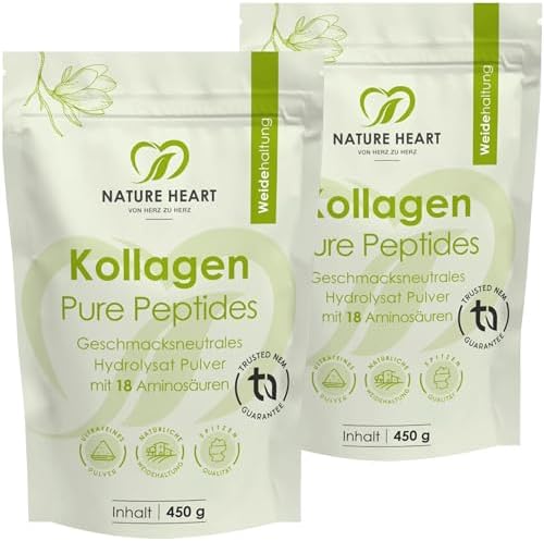 Nature Heart Kollagen Pure Peptides Pulver 450g, 2er-Pack | Hydrolysiertes Kollagen Typ I, Aus Weidehaltung, Geschmacksneutral, Löslich, Über 91% Protein