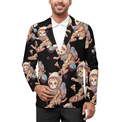 Funny Cat Flying A Pizza Astronaut Men's Suits Dress Business Formal Suit Print Jackets Coat for Wedding Party