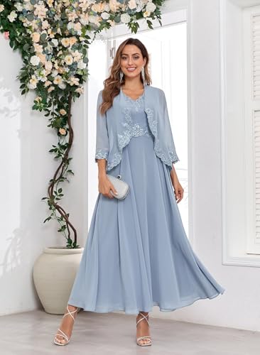 Women's 2 Piece Chiffon Mother of The Bride Dresses with Jackets for Wddding Ankle Length Lace Formal Dress2