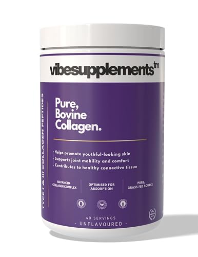 Vibe Supplements Pure Bovine Collagen Powder, Hydrolyzed, Unflavored, Grass-Fed, Kosher, Halal Certified, Type I and III for Hair, Skin, Nails, Joint Support