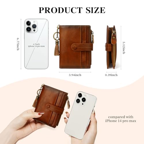 Leather Wallet Women,RFID Blocking Small Wallets for Women Bifold Compact Card Holder With Zipper Coin Pocket Brown4