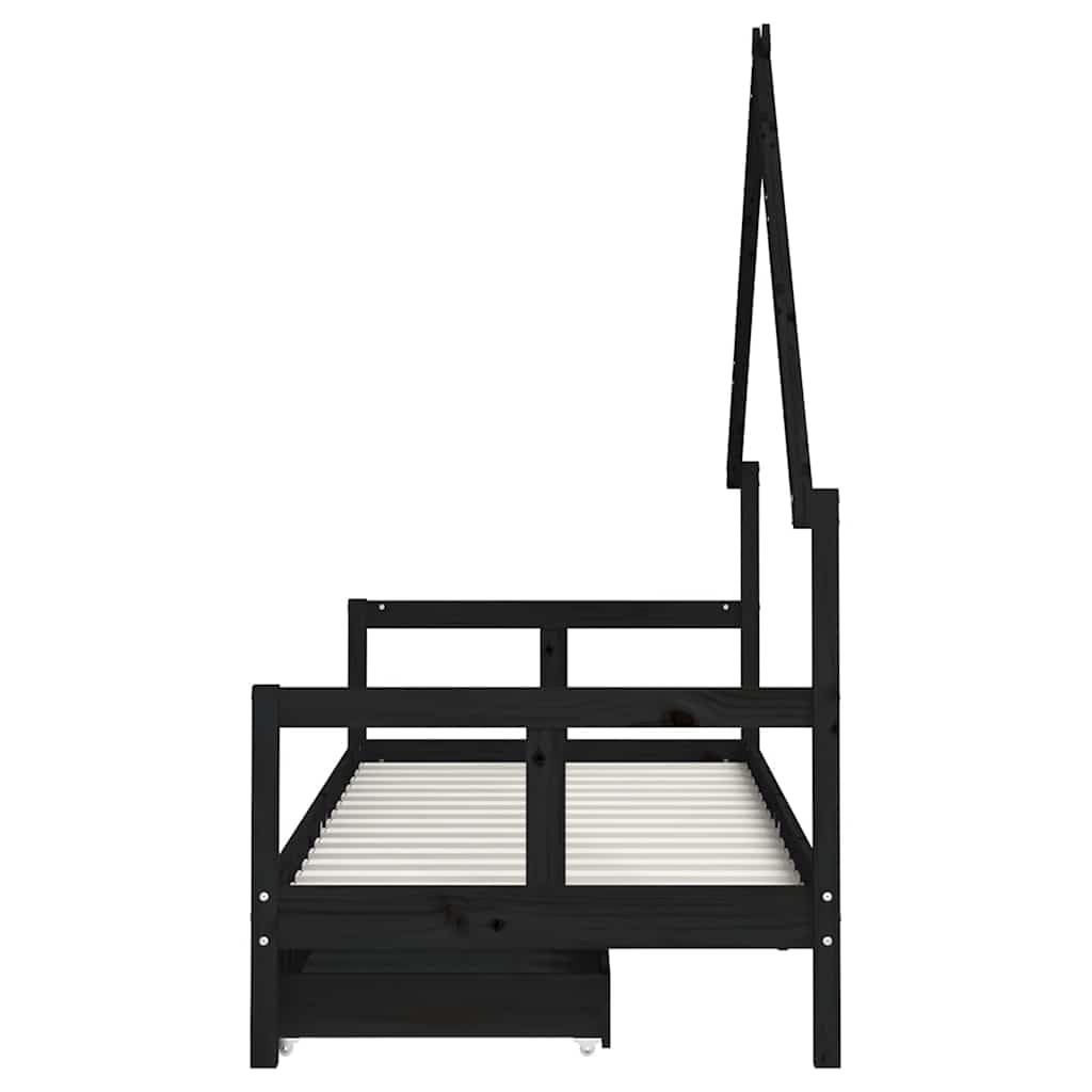 Cama infantil con cajones, color negro, 80 x 200 cm, madera maciza de pino, adecuada para niños a partir de 4 años, cama estable con espacio de almacenamiento y rejilla, ideal para dormitorio